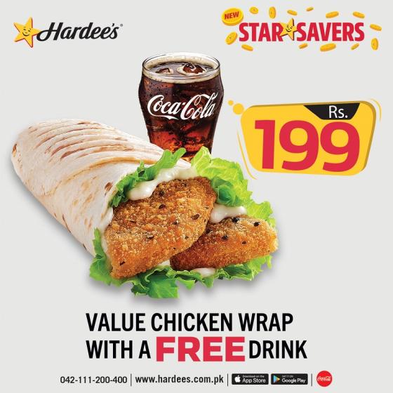 Hardee's Value Chicken Wrap and a Free Drink for just PKR 199 What's